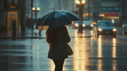 Rear view of woman holding umbrella in city when it rains.