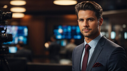 Photo of a TV news presenter on a popular channel, a handsome man in a suit with modern news background - obrazy, fototapety, plakaty
