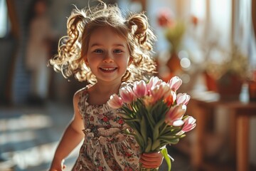 Cute little girl stretching out a bouquet of pink tulips while standing at sunlit living room - obrazy, fototapety, plakaty
