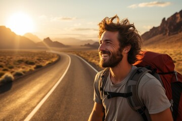 Happy male adventurer with backpack enjoying the scenic view while standing on the road