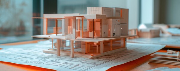 Rendering 3D miniature section model of white townhouse minimalist contemporary style. AI generated - obrazy, fototapety, plakaty
