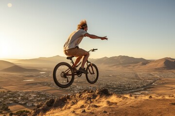 BMX cyclist jumping high during his freestyle ride with scenic landscape on background