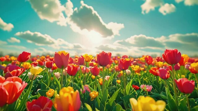 Tulips field with cloudy sunny blue sky. Springtime or summertime video background, wide angle of flowers