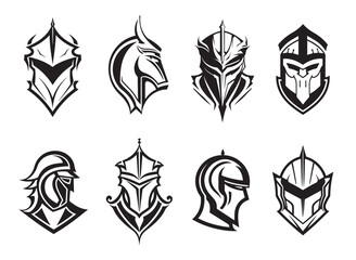 Warrior helmets black icons or logos set. Knight armor, vector