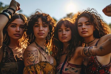 Fototapeta premium Group of confident multi-ethnic women holding fists while making group selfie