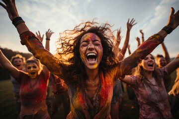 Happy young woman with colorful powder on face dancing while celebrating Holi together with friends