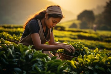 Confident young woman collecting tea leafs with scenic Sri Lanka landscapes on background