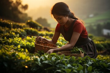 Confident young woman collecting tea leafs with scenic Sri Lanka landscapes on background - obrazy, fototapety, plakaty