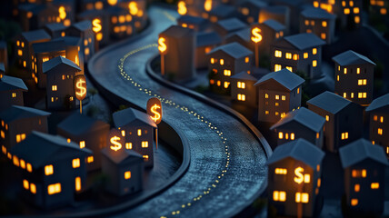 an animated road that is filled with dollar signs - obrazy, fototapety, plakaty