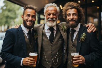 Three elegant smiling men in luxury formalwear embracing and enjoying beer in pub together