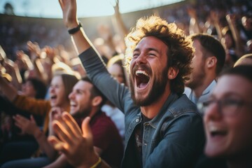 Fototapeta premium Happy young male fan dancing with friends during a music festival on stadium