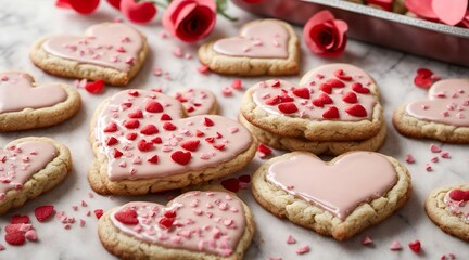 Obraz na płótnie Canvas Glazed heart shaped cookies for Valentine's day - delicious homemade natural organic pastry, baking with love for Valentine's day. Generative AI