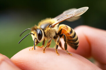 Close-Up of a Bee on a Human Finger