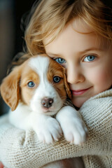 vertical close up of Smiling Young Girl embracing Her Adorable Brown and White Puppy dog looking at camera