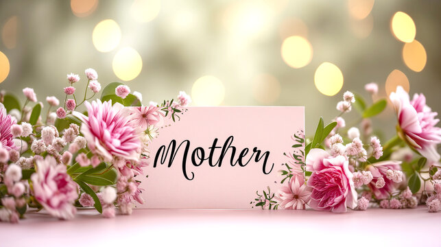 Mother's Day Celebration Background banner with Pink Floral Arrangement and Elegant Card