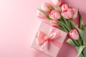 Elegant Pink Gift Box with Beautiful bouquet of Tulips on a Soft Pink Background with copy space. Mother's Day, birthday and celebration concept