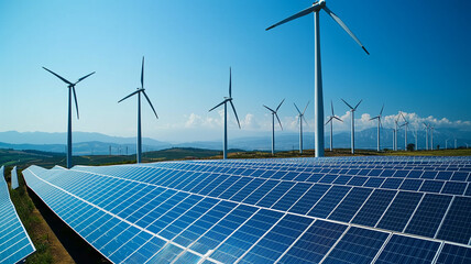 wind turbines, solar panels and sunset at the top of a mountain