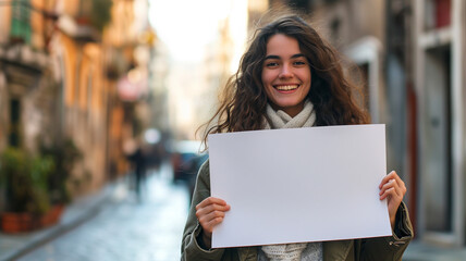  young woman holds up a blank sign in a city street - obrazy, fototapety, plakaty