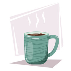 Vector illustration of a cup of hot coffee. Illustration of breakfast, food, drinks. Kitchenware. Equipment for preparing aromatic drinks.