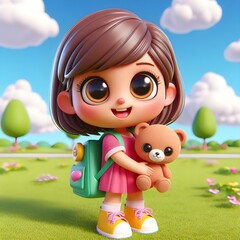 Cartoon character of girl with teddy bear