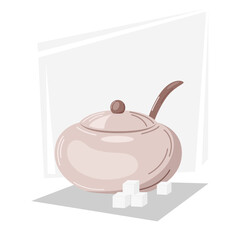 Vector illustration of a round sugar bowl with sugar cubes. Isolated image of kitchen utensils.