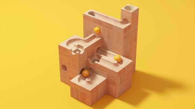 Animation of wooden marble run toy. Rolling ball sculpture on plain empty background.
