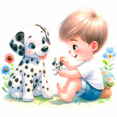 Cute boy playing with Dalmatian dog, children's cartoon illustration, animal background