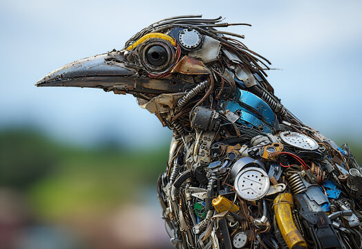 Unique bird sculpture made from upcycled materials. Generative AI image