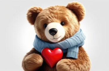  illustration, cartoon style, fashionable teddy bear, in clothes and a scarf, holds a heart in front of him in his paws, on a white background. Funny animal for banner, flayer, poster, card