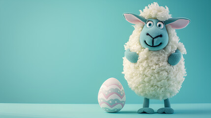 illustration of a cute easter lamb with an easter egg, background poster for social media marketing and promotion with copy space
