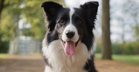 Fototapeta premium A beautiful black and white Border Collie, sitting outdoors with a content and playful expression, showcasing the pure joy of canine companionship.