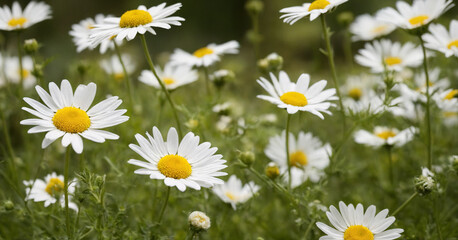 Fototapeta premium A beautiful set of chamomile flowers with white petals and green leaves, isolated on a clean background, perfect for herbal, organic, and health-related designs.