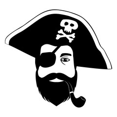 The head of a cheerful pirate in a cocked hat with a pirate symbol - a skull and crossbones, with a black eye patch and a smoking pipe in his teeth. Vector illustration