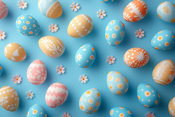 Fototapeta na wymiar colorful cute 3D Easter eggs in blue empty background, message, wishes, greetings, minimalist, cute, flowers, backdrop, Easter bunny, gifts