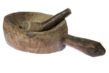 wooden mortar and pestle from West Timor isolated on white background