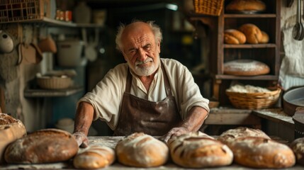 Fototapeta na wymiar An old baker bakes bread in his small cozy Italian style bakery.
