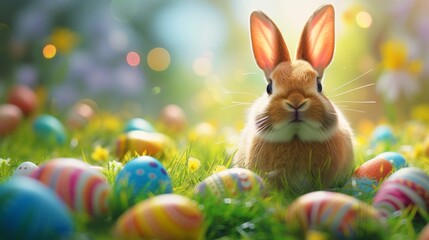 Fototapeta na wymiar A delightful bunny surrounded by brightly colored Easter eggs on a vibrant spring lawn, perfectly capturing the essence of Easter joy.