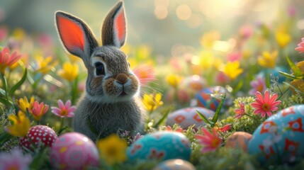 Fototapeta na wymiar A serene rabbit sitting among Easter eggs adorned with floral patterns in a tranquil garden, evoking a sense of peace and Easter celebration.