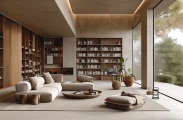 an open living room with bookshelves and white shelves