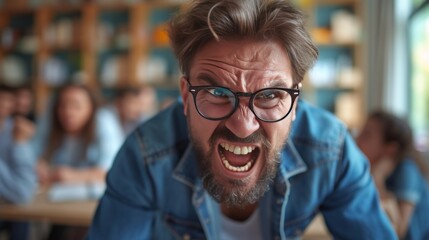 Angry teacher screaming loudly at students in class - obrazy, fototapety, plakaty