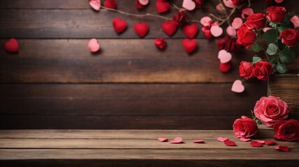 romantic valentines day background. Bouquet of red roses on a wooden background. premium valentines day background with copy space 