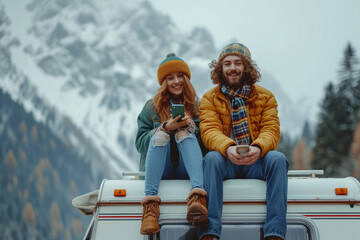 Joyful couple on camper roof, immersed in nature, happily using mobile phone, capturing and sharing moments of their outdoor adventure.