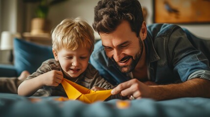 Dad and little son swearing at a paper boat