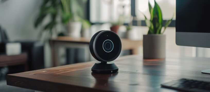 Home wireless security camera on table. AI generated image