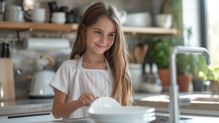 Girl 12 years old washes dishes in a bright modern kitchen