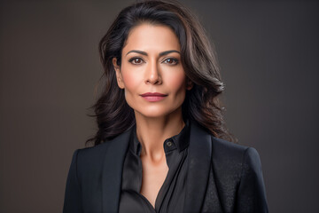 Fototapeta premium A stylish and confident black-haired woman in a business suit, smiling and exuding elegance, captured in a professional studio portrait