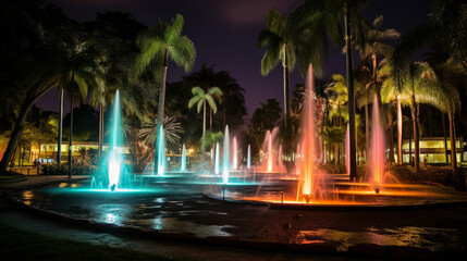 Colorful illuminated fountains amid tropical palms at dusk