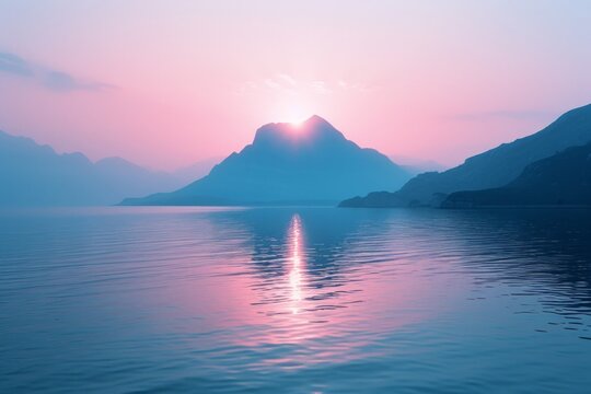 image of a mountain in the water at sunset