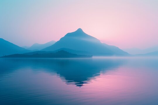 image of a mountain in the water at sunset