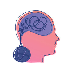 Confused thoughts in your head are wrapped in a ball. Concept of psychology, psychotherapy. Vector illustration